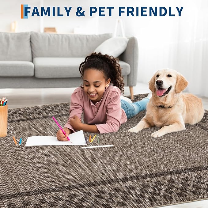 GarveeHome Area Rug 10x13 Living Room Rug Modern Bordered Soft Large Area Rugs for Bedroom Washable Checkered Dining Room Throw Carpet Non Slip Stain Resistant Geometric Rugs for Home Office, Brown