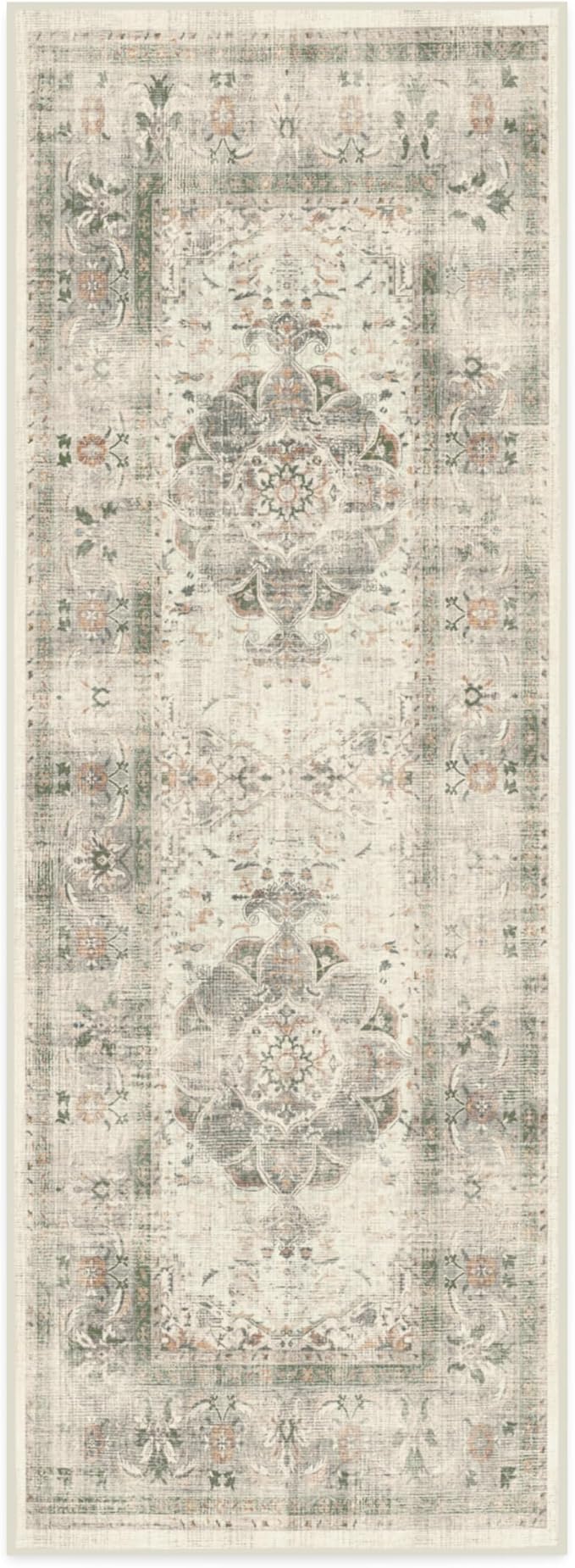 RUGGABLE Washable Vintage Runner Rug – Sarrah Sage 2.5x7, Stain-Resistant, Non-Slip Hallway Runner – Machine Washable Rug for Hallway, Entryway, Living Room & Kitchen – with Cushioned Pad