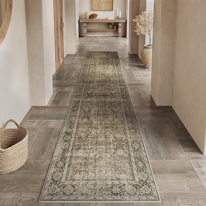 Brown Runner Rug 2x10 Vintage Area Carpet Hallway Long Indoor Kitchen Washable Living Room Low Pile Traditional Distressed Retro Accent Throw Rug Non Slip Laundry Bathroom Office Dining Room