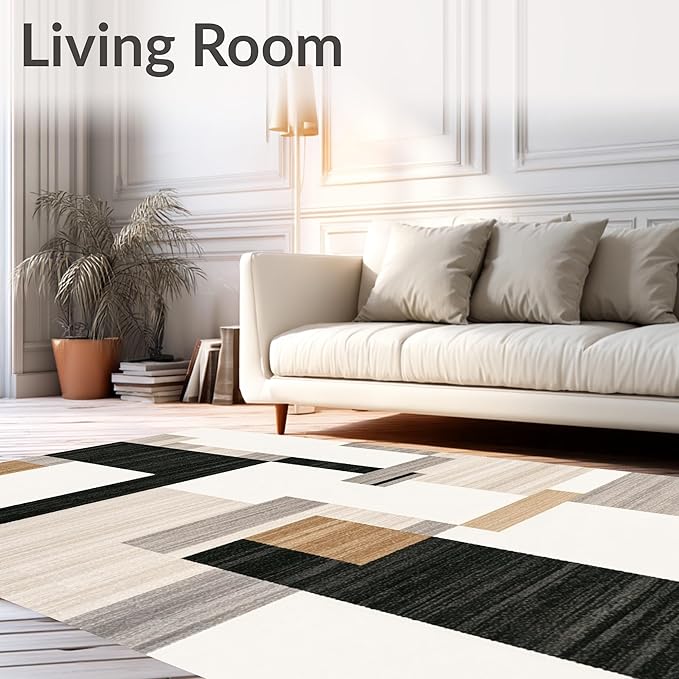 Flatwoven High Traffic Area Rug 5x7, Dark Beige Geometry and Dirt Trapper Design, Non Slip, Stain Resistant, Washable Area Rugs for Living Room, Bedroom (Beige, 5x7)