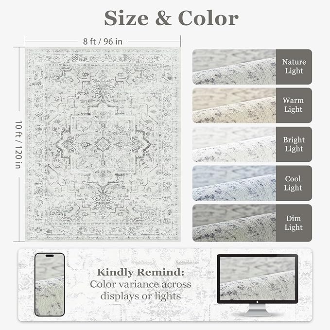 Farmhouse Distressed 8x10 Rugs for Living Room Bedroom, Washable Non Slip Dining Room Rugs for Under Table, Low Pile Thin Soft Carpet Medallion Pattern Printed Boho, Off White/Grey