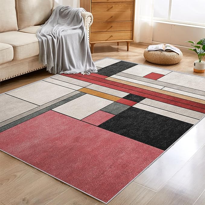 3x5 Abstract Geometric Rugs for Bedroom Decor, Washable Black White Red Geometry Pattern Area Rug, Living Room Home Decoration, Non Slip Soft Thin, Minimalist Modern Decor Carpet PF-P 49