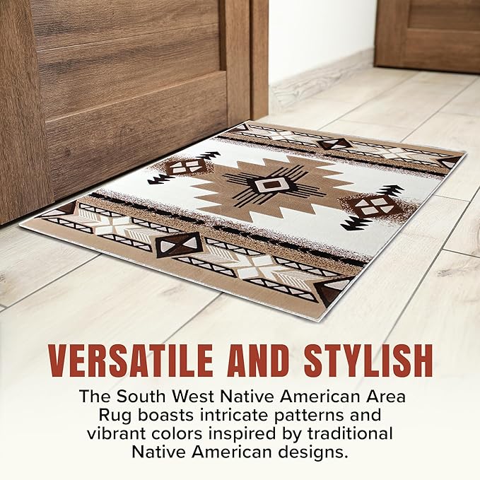 YHSF South West Native American Area Rug C318 - Easy Clean, Thick, Soft, Durable Native Tribal American Indian Inspired Rug for Bedroom/Living Room and More - Ivory, 2 Feet x 3 Feet 4 Inches