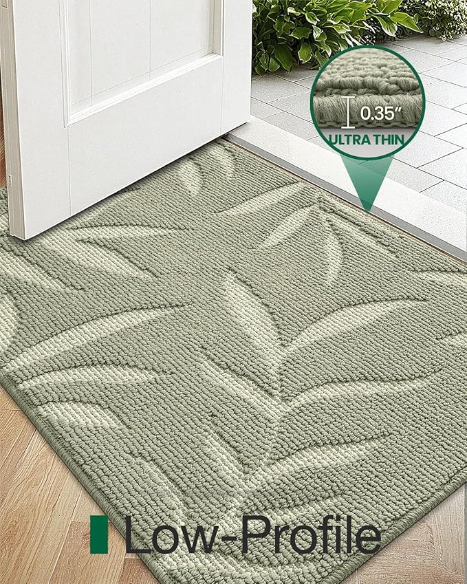 LUMI Front Door Mat Indoor Entrance 32"x48", Low Profile Welcome Mat, Non-Slip Washable Doormat with Rubber Backing for Entrance, Patio, Garage, Green