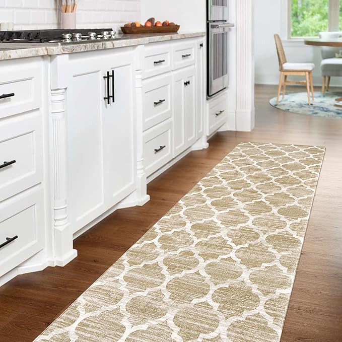 Lahome Moroccan Washable Runner Rug - 2x7 Runner Rug Non-Slip Kitchen Runner Ultra-Thin Non-Shedding Soft Hallway Rug, Modern Trellis Print Indoor Carpet Runners for Entryway Bedroom (Taupe, 2'x7')