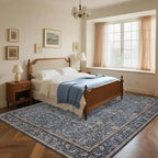 Washable Living Room Rug: 9x12 Boho Floral Soft Area Rug for Bedroom Decor - Vintage Low Pile Thin Carpet for Dining Room Non-Slip - Farmhouse Stain Resistant Rugs - Slate Blue