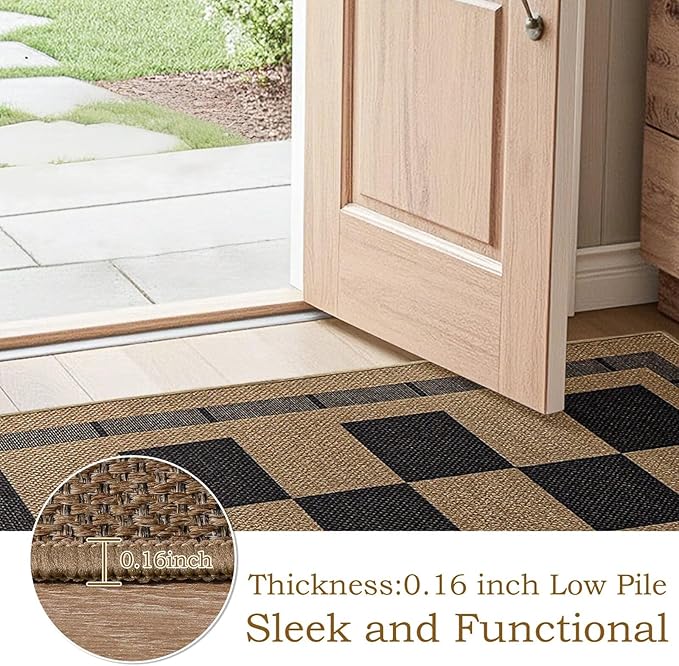 Vasofe 3x5 Plaid Rug, Jute Rugs, Washable Outdoor Indoor Checkered Carpets, Entryway Bedroom Potio Porch Kitchen Carpet, Non Slip Farmhouse Neutral Office Laundry Floor Mat, Black and Brown
