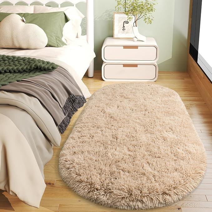 Soft Fluffy Area Rug for Bedroom, Fuzzy Shaggy Oval Throw Rugs for Bedside, Non-Slip Cozy Plush Shag Carpet for Kids Room Nursery Dorm Living Room, Beige, 2.6 x 5.3 Feet, 2 Packs