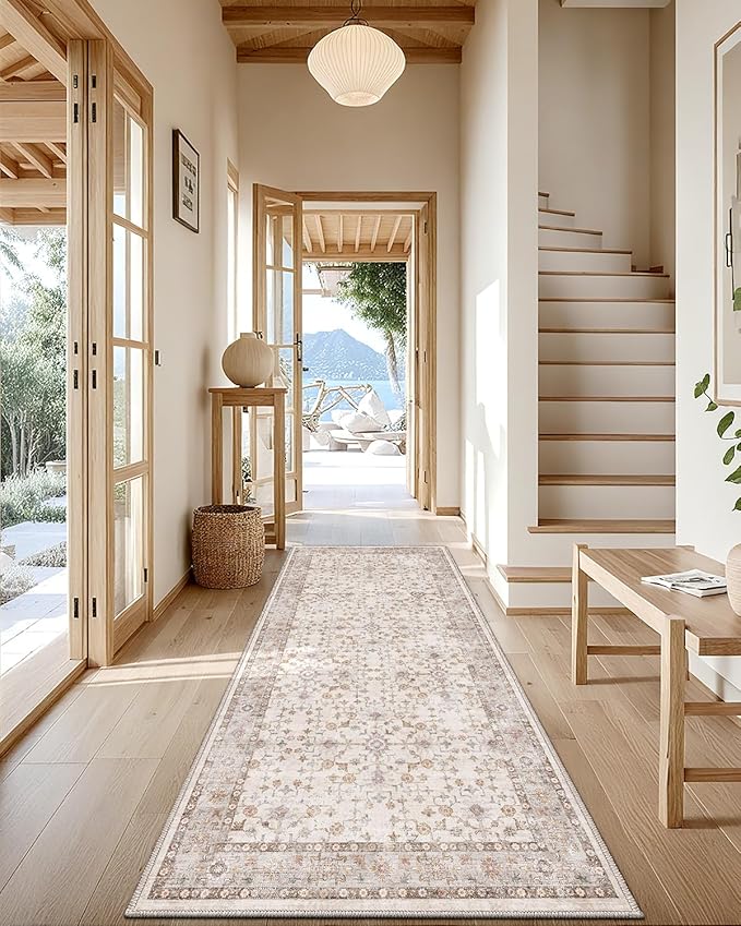 LUMI Runner Rug 3x10, Washable Non-Slip Hallway Throw Rugs, Long Soft Thin Vintage Oriental Kitchen Mats, Low-Pile Indoor Kitchen Entryway Area Rug, Beige