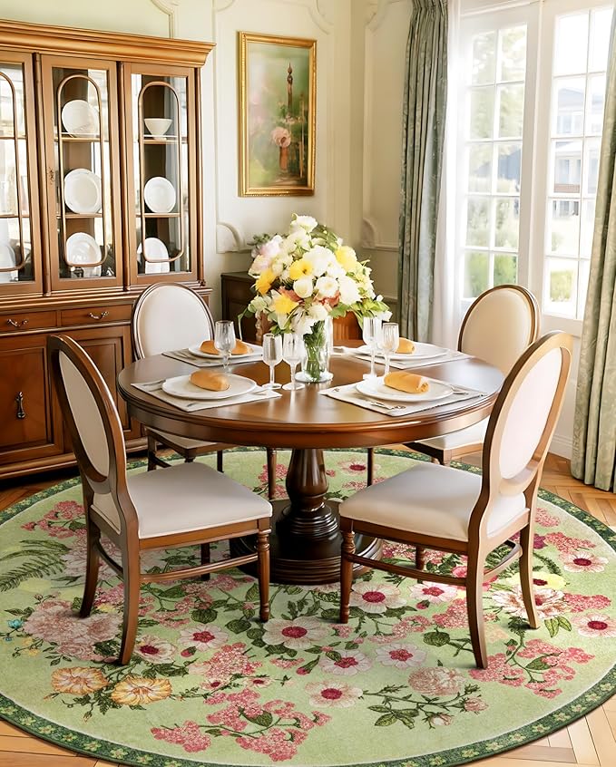 Floral Washable Round Area Rug - 6x6 Round Rugs Living Room Rug Soft Non-Slip Low Pile Large Indoor Accent Circle Carpet for Closet Bedroom Dining Room Home Office Nursery, 6ft Green