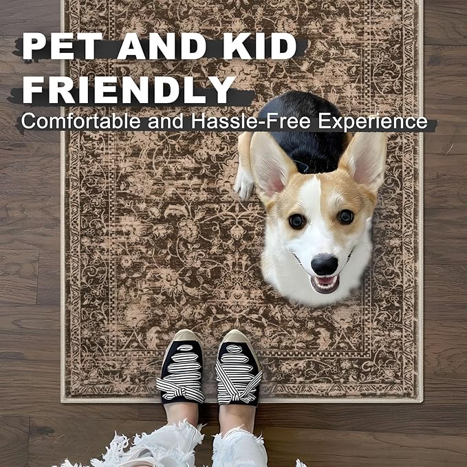 KILOCOCO Hallway Runner 2x5 Kitchen Runner Rug Printed Vintage Floral Washable Non-Slip Runners for Hallways Laundry Room Rugs Distressed Boho Rug Runners for Bedroom, Rust Brown Red