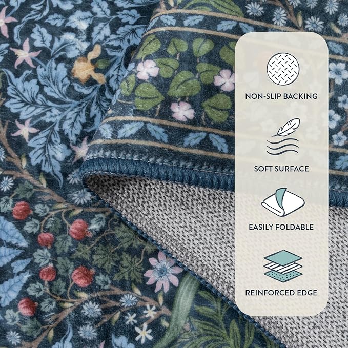 Lahome Floral Washable Kitchen Runner Rug, 2x6 Runners for Hallways Non Slip Ultra-Thin, Boho Soft Hallway Rug Forest Blue Carpet for Bedroom Bathroom Laundry Room, Blue