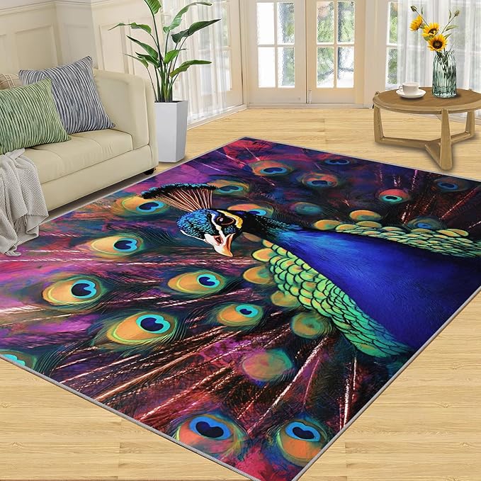 Peacock Rugs for Bedroom - 5x8 Area Rug - Watercolor Peacock Rugs for Living Room, Abstract 3D Animal Rug, Non-Slip Washable Home Decor Carpet