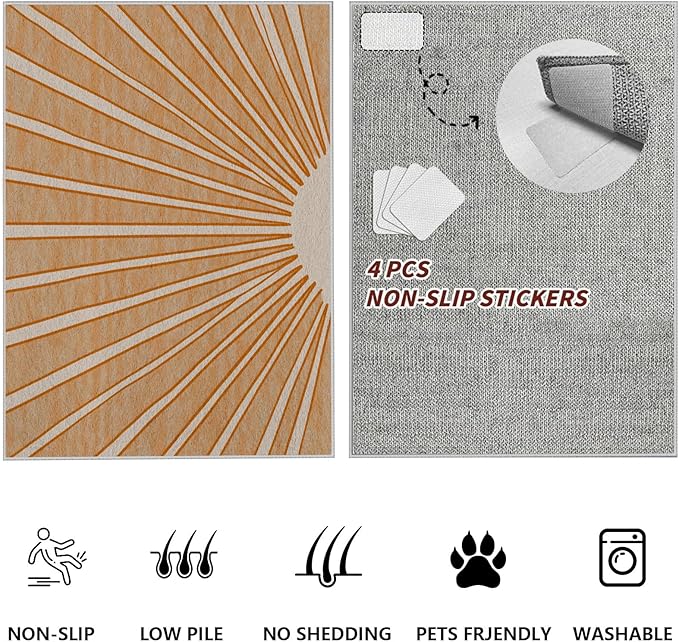 Boho Sun Print Area Rug for Living Room 2x3, Modern Abstract Non-Slip Washable Rugs, Soft Stripe Minimalism Carpet for Bedroom, Nursery, Entryway, Dining Room & Office Decor, Orange White