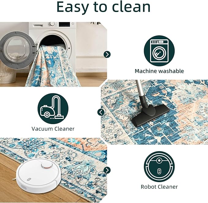 YJ.GWL Area Rugs for Living Room 8x10 Machine Washable Rugs, Non Slip Floral Vintage Rug Indoor Carpet, Stain Resistant Large Rug for Bedroom Dining Room, Dark Blue