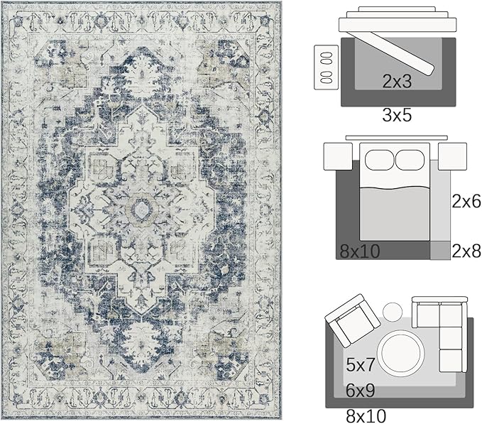 jinchan Kelda Area Rug 5x7 Washable Bedroom Rug Vintage Soft Indoor Floor Cover Retro Distressed Mat Accent Lightweight Non-Slip Thin Carpet for Kitchen Bathroom Living Room Grey