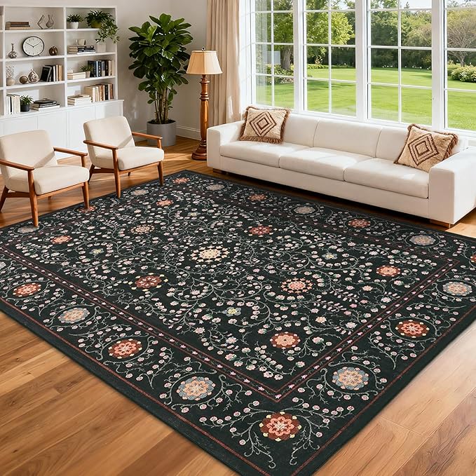 GarveeHome Boho 5x7 Area Rug for Bedroom, Floral Vintage Rugs for Living Room with Soft Low Pile, Non Slip Botanical Washable Rugs 5x7 for Dining Room Black Carpet for Entryway Dorm Office Playroom