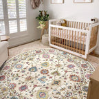 Washable Round Area Rug 6ft - Cream Colorful Traditional Floral Living Room Circle Rug Non-Slip Farmhouse Dining Room Carpet Soft Vintage Bohemian Round Rugs for Bedroom Office Nursery