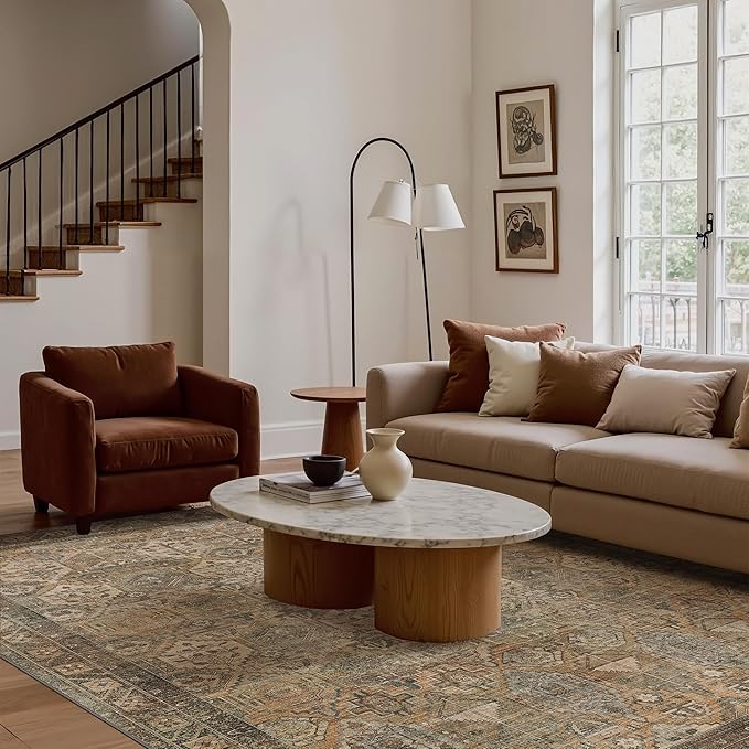 Bavni Washable Rug 10x14 Area Rug for Living Room Bedroom Dining, Washable Vintage Print Carpet, Ultra-Thin Chenille Low Pile Lightweight Rug with Non Slip Backing, Warm Taupe
