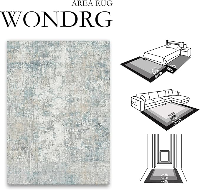 2x6 Washable Runner Rug Blue Cream Abstract Hallway Kitchen Throw Rug Neutral Modern Non Slip Soft Low Pile Lightweight Carpet for Bathroom Laundry Bedroom Living Room