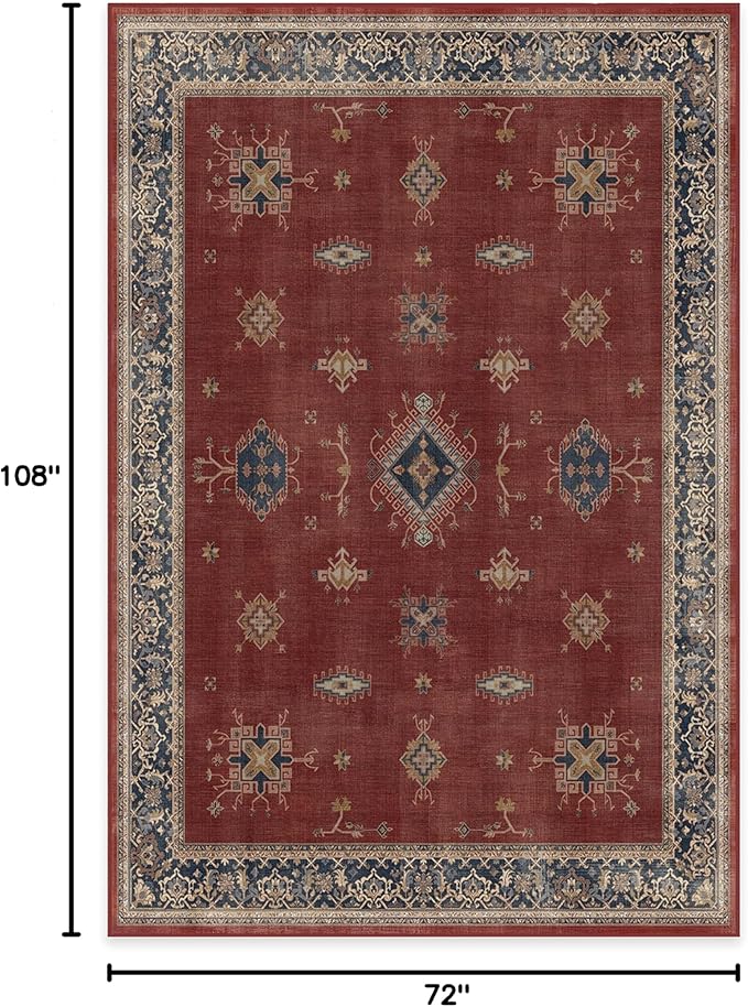 RUGGABLE Washable Vintage Area Rug – Verena Amber Red 6x9, Stain-Resistant, Non-Slip – Medium Machine Washable Rugs for Living Room, Bedroom, Hallway, Entryway & Office–with Standard Pad