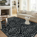Wonnitar Moroccan 8x10 Area Rugs for Living Room, Washable Large Black Rug for Bedroom, Non-Slip Soft Thin Stain Resistant Boho Tribal Floor Carpet for Dining Guest Room Office (Black,8'x10')