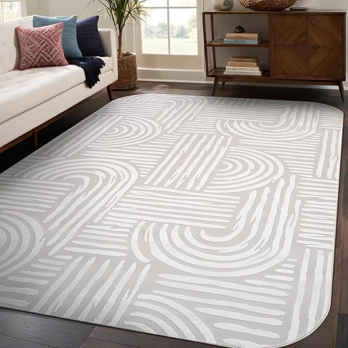 Beverly Rug Modern Geometric Area Rug 9x12 Low-High Pile Durable Soft Abstract Curved Indoor Rugs for Living Dining Room Office Stain Resistant Non Shedding Casual Indoor Carpet Beige White 9 x 12