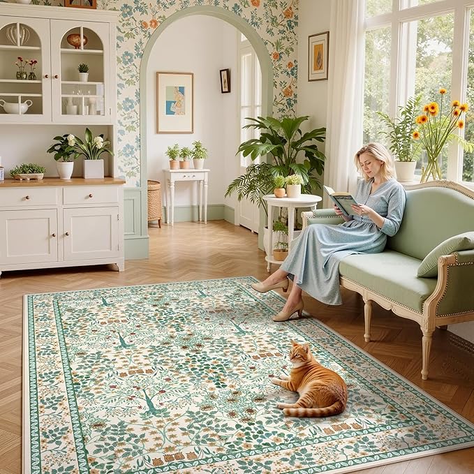 6x9 Area Rugs Living Room Rug - Floral Vintage Morris-Inspired Washable Carpet, Low Pile Non-Shedding Stain Resistance Boho Soft Carpet for Bedroom, Dining Room, Office, Farmhouse (6'x9' Beige Green)
