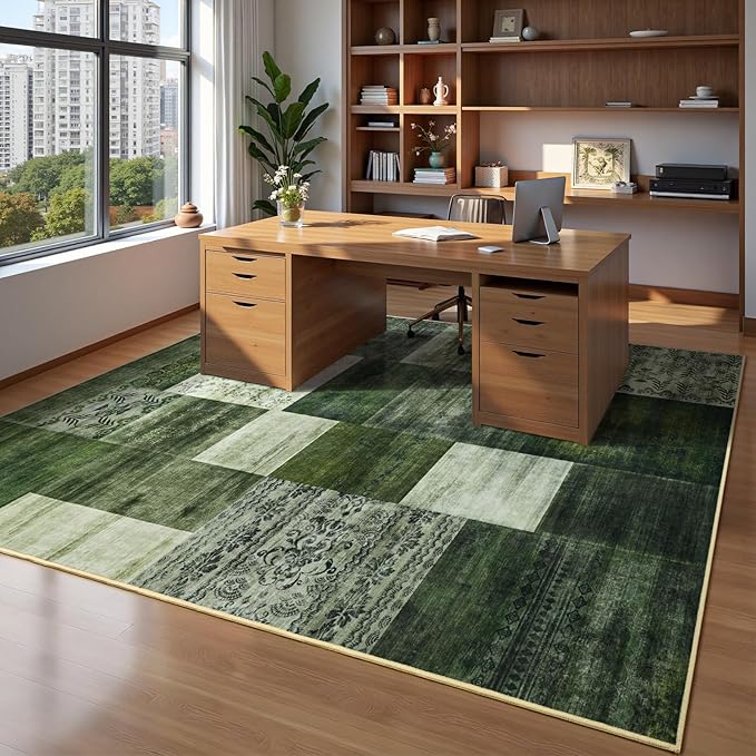DweIke Washable Area Rugs for Living Room, 4x6 Soft Bedroom Rugs, Geometric Print Non-Slip Modern Rug, Stain Resistant Throw Carpets for Office Nursery Dining Room Home Dorm Decor, Green