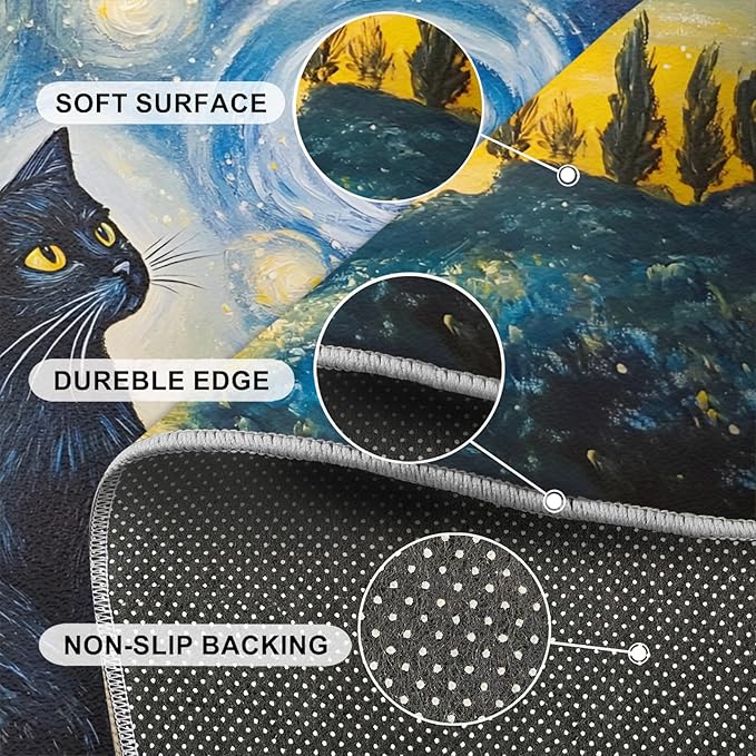 Black Cat Rugs for Bedroom - 3x4 Area Rug - Starry Sky Countryside Rugs for Living Room, Vintage Oil Painting Art Rug, Washable Home Decor Carpet
