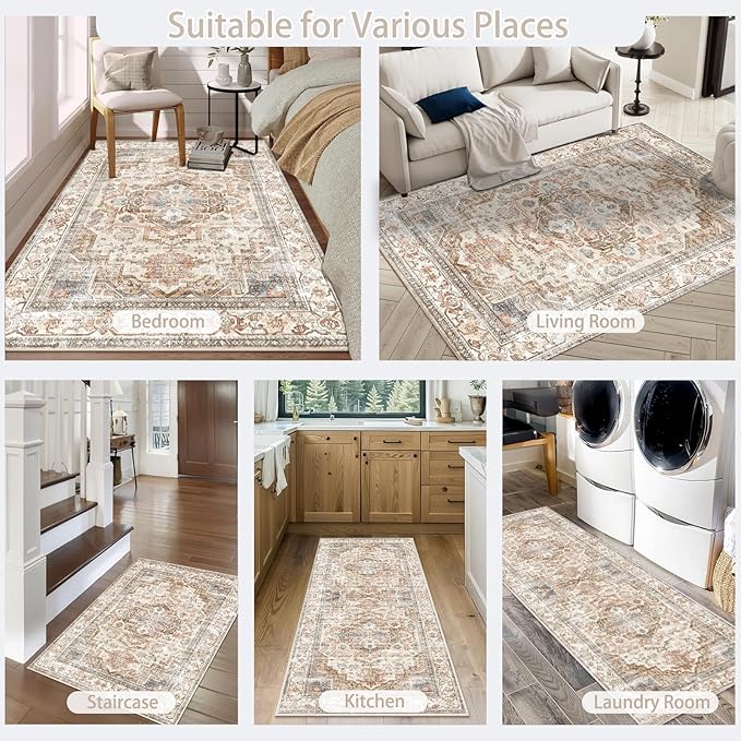 Enkor Runner Rugs for Hallway, 2.6x13 Washable Soft Non Slip Floor Rugs for Kitchen, Modern Mat for Living Room Bedroom Entryway Beige & Brown
