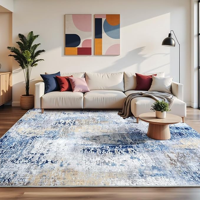 Washable Abstract Rug, 5x7 Modern Area Rugs with Non-Slip Rubber Backed for Living Room, Thin but Soft Contemporary Carpet Kitchen Bedroom Dining Room Decor, Midnight Blue