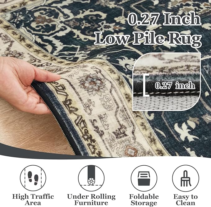 Vintage Distressed 8x10 Rugs for Living Room Bedroom, Washable Non Slip Dining Room Rugs for Under Table, Low Pile Thin Soft Carpet Farmhouse Dark Medallion Printed, Midnight/Multi