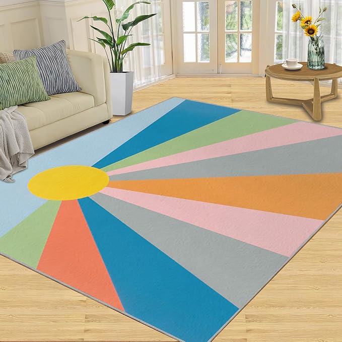 Boho Sun Area Rugs 3x5ft, Abstraction Deco Boys Rugs for Bedroom, Minimalist Sunburst Kids Room Rug Soft Fuzzy Washable for Living Room Game Room Coffee Table