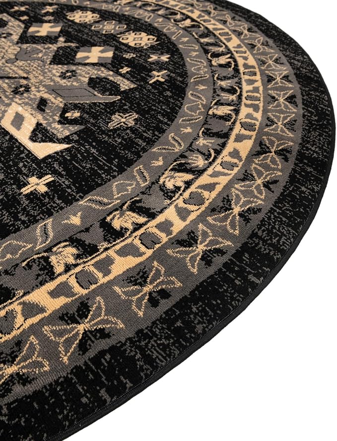 Unique Loom Taftan Collection Border Geometric Tribal Inspired Design Area Rug (8' 0 x 8' 0 Round, Black/ Gray)