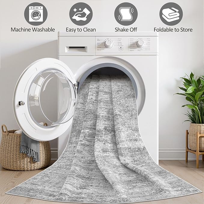 Grey Rug 9x12 Area Rug: Washable Boho Large Vintage Neutral Soft Rugs Stain Resistant Farmhouse Non-Slip Indoor Floor Carpet for Living Room Bedroom Playroom Office Dining Room Apartment Dorm