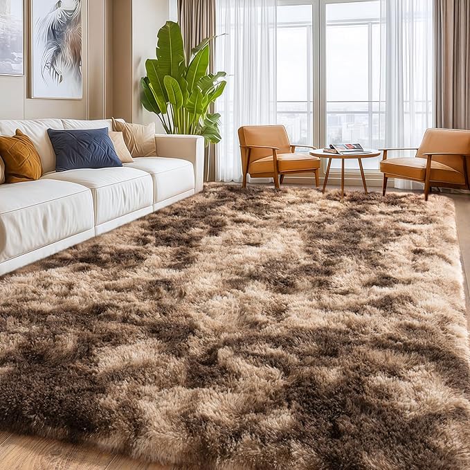 Soft Shaggy Rugs Fluffy Rug, Plush Area Rugs for Living Room Nursery Home Decor, Tie-Dyed Brown Anti-Skid Rectangular Fuzzy Rug 8x10 Feet