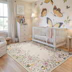Wonnitar Washable Boho Floral 9x12 Rugs for Bedroom, Non-Slip Living Room Area Rug, Cute Nursery Large Botanical Area Rug, Soft Floor Carpet for Playroom Closet (Beige,9'x12')