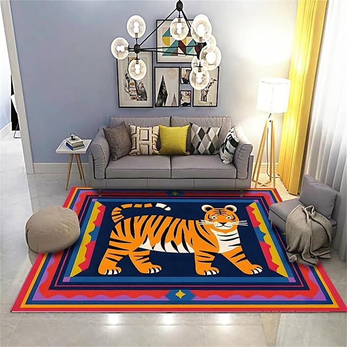 Cartoon Tiger Area Rug, 5x7ft,Tiger Theme Decorative Rug Suitable for Living Room Sofa Area, Modern Abstract Non-Slip Washable Tiger Pattern Rug Suitable for Bedroom Children's Room Decoration