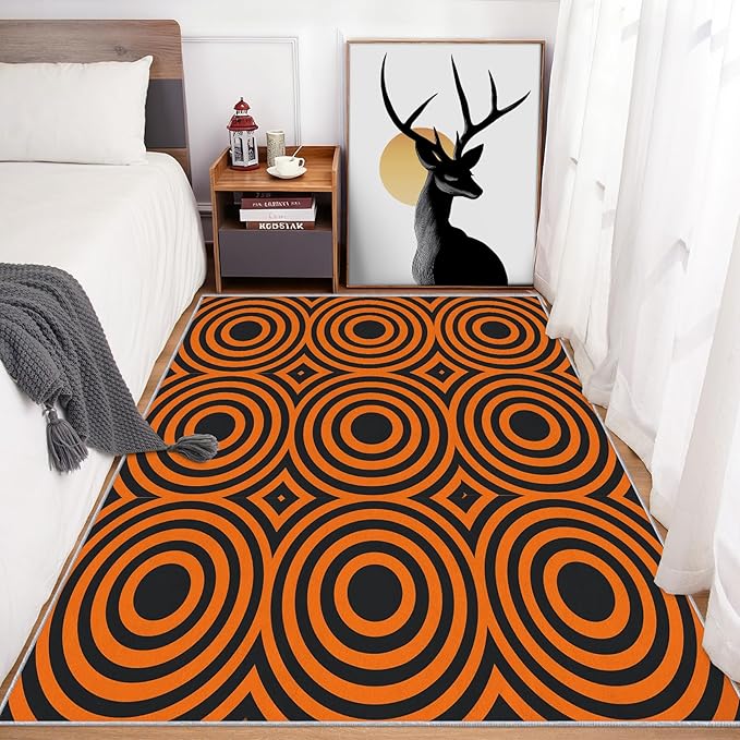 5x7 Geometric Circle Rugs for Bedroom Decor, Washable Retro 60s 70s Geometry Pattern Area Rug, Living Room Home Decoration, Non Slip Soft Thin, Black Orange Decor Carpet PF-P 49