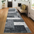 Indoor Runner Rug, Washable Runner Rug with Rubber Backing, Modern Geometric Patchwork Aesthetic Carpet for Bedroom, Living Room, Hallway, Entryway, Washable Rugs Rockwood Collection, 2.7x8 Ft Grey