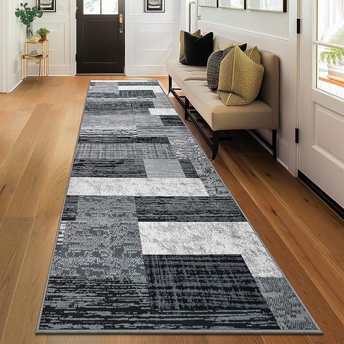Indoor Runner Rug, Washable Runner Rug with Rubber Backing, Modern Geometric Patchwork Aesthetic Carpet for Bedroom, Living Room, Hallway, Entryway, Washable Rugs Rockwood Collection, 2.7x8 Ft Grey