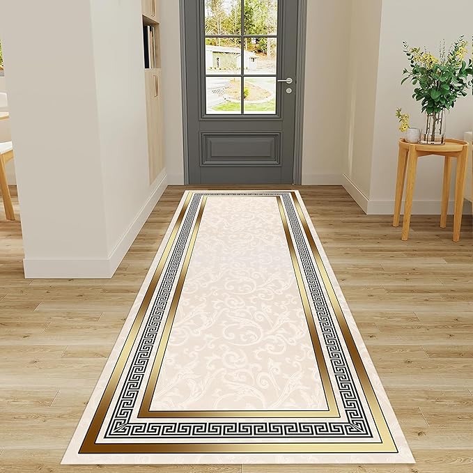 Classic Bohemian Hallway Rugs, 4x10ft, Western Retro Greek Key Beige Fade Resistant Hall Rug, Washable Kitchen Low-Pile Floor Carpet Runners for Bathroom Laundry
