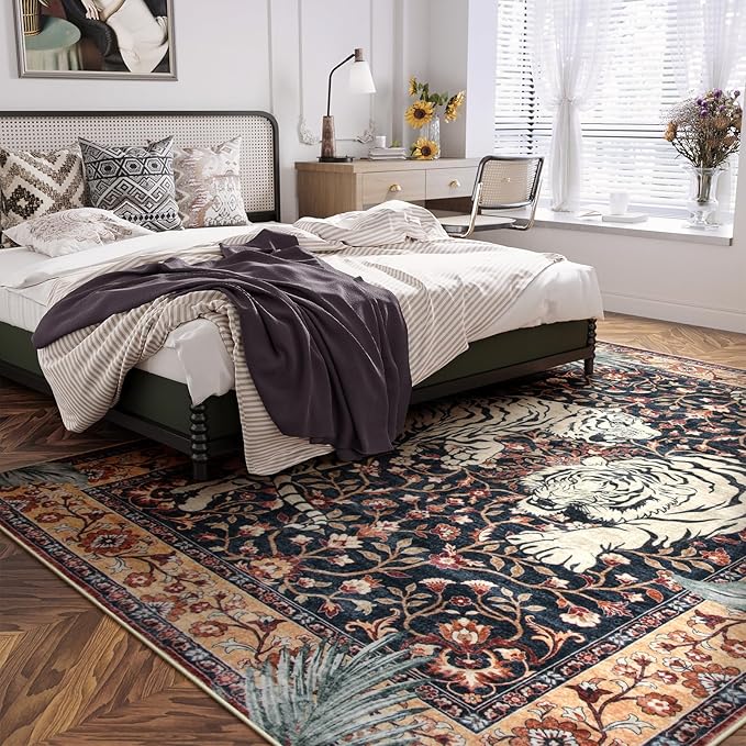 Moynesa Tiger Washable Area Rug, Boho 6x9 Rug for Living Room, Vintage Large Soft Bedroom Rug, Non Slip Ultra Thin Stain Resistant Floor Carpet for Dining Room Home Office, Puce Red