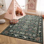 6x9 Black and Green Floral Area Rug for Living Room, Washable Non Slip Rugs for Bedroom Non Slip, Low Pile Large Indoor Accent Carpet for Office, Dining Room, Farmhouse