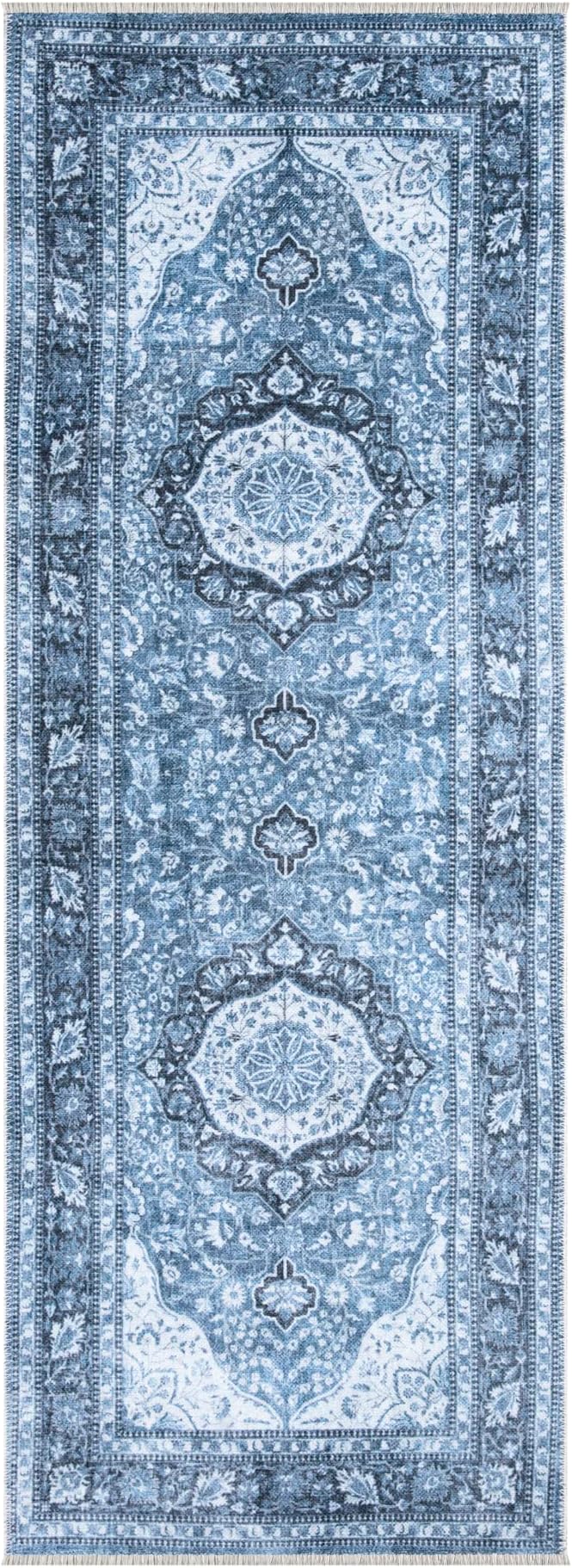 Bloom Rugs Caria Washable Non-Slip 12 ft Runner - Blue Traditional Runner for Entryway, Hallway, Bathroom, and Kitchen - Exact Size: 2'6" x 12'