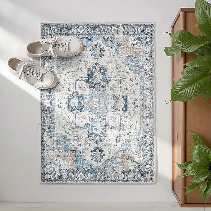 jinchan Kelda Area Rug 2x3 Entryway Rug Washable Doormat Vintage Retro Indoor Distressed Door Mat Accent Floor Cover Lightweight Non Slip Low Pile Carpet for Bathroom Kitchen Living Room Bedroom Blue