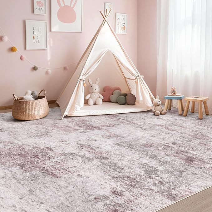 6x9 Area Rug Living Room Rugs - Washable Neutral Modern Abstract Soft Thin Large Rug Indoor Floor No Slip Rug Carpet for Bedroom Under Dining Table Home Office Decor - Pink