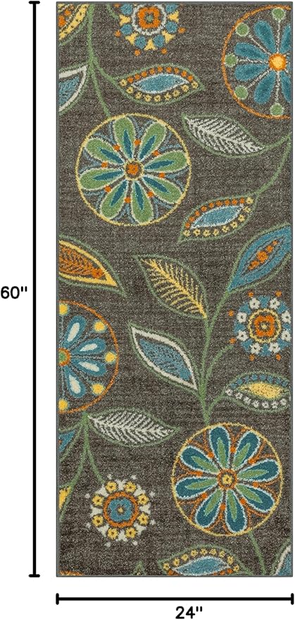 Maples Rugs Reggie Floral Runner Rug - Made in USA - Washable, Non Slip Indoor Carpet for Kitchen, Hallway, and Laundry Room, 2' x 5', Dark Grey