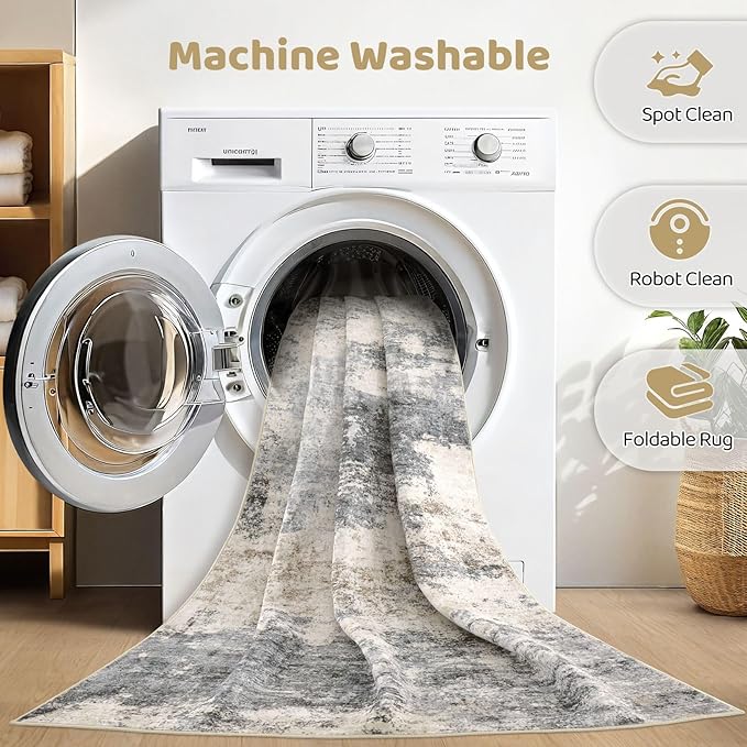 7x9 Area Rugs Living Room: Washable Large Abstract Modern Soft Rug Stain Resistant Indoor Floor Non Slip Accent Carpet for Bedroom Nursery Playroom Dining Room Office Dorm Home House- Grey Brown